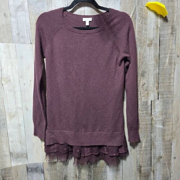 Garnet Hill 100% Cashmere Sweater Lace Ruffle Hem Fairy Romantic Mauve - Picture 2 of 5